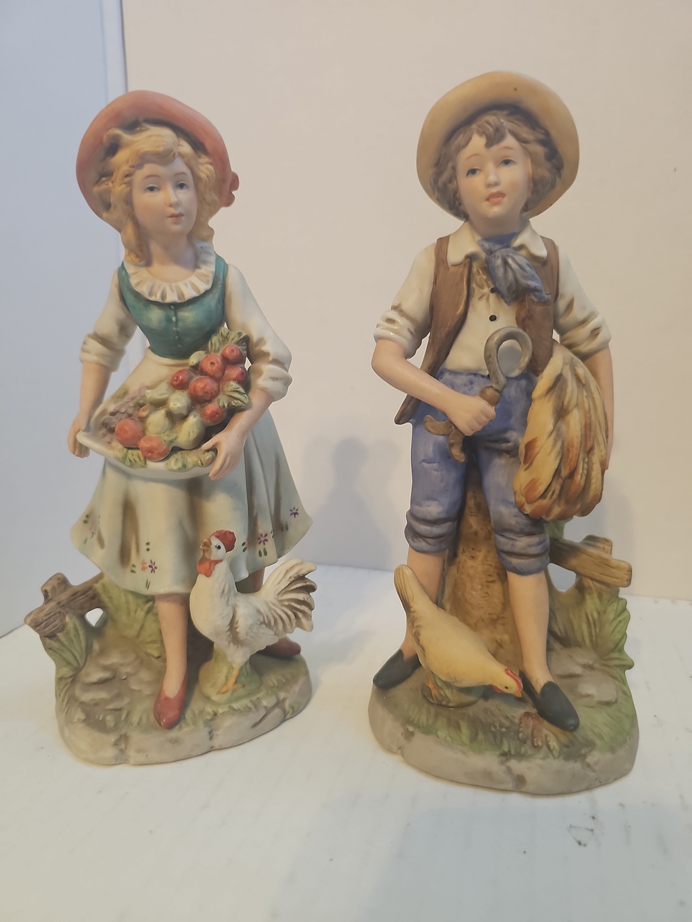 Vintage Farm Children Porcelain Figurines - Girl & Boy with Chickens 8"